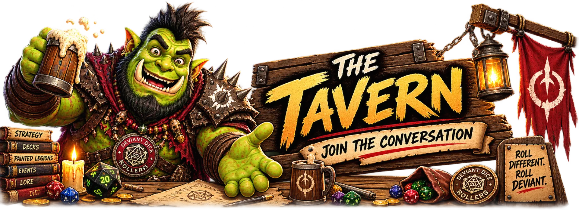 The Tavern signage — Grokk beside a hanging tavern sign