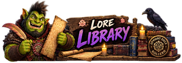 Lore Library — Grokk holds a scroll beside candlelit tomes and a raven